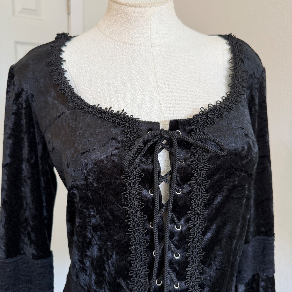 VTG Lip Service Black Crushed Velvet Lace Up Bell Sleeve Tunic Top M Dress  USA - Picture 9 of 12
